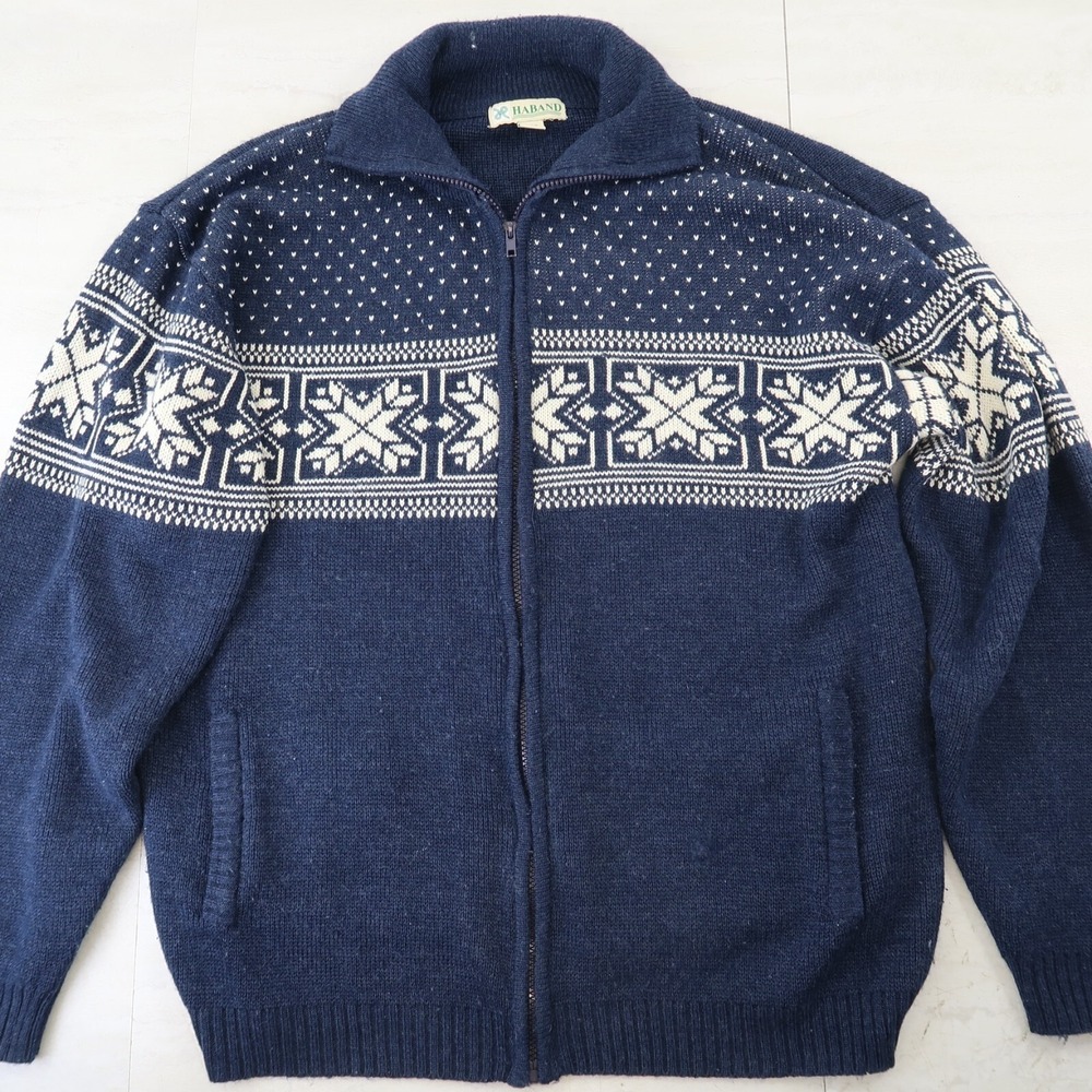Haband Acrylic Full Zip Mock Neck Fair Isle Sweater Blue Size L Mens Style 741